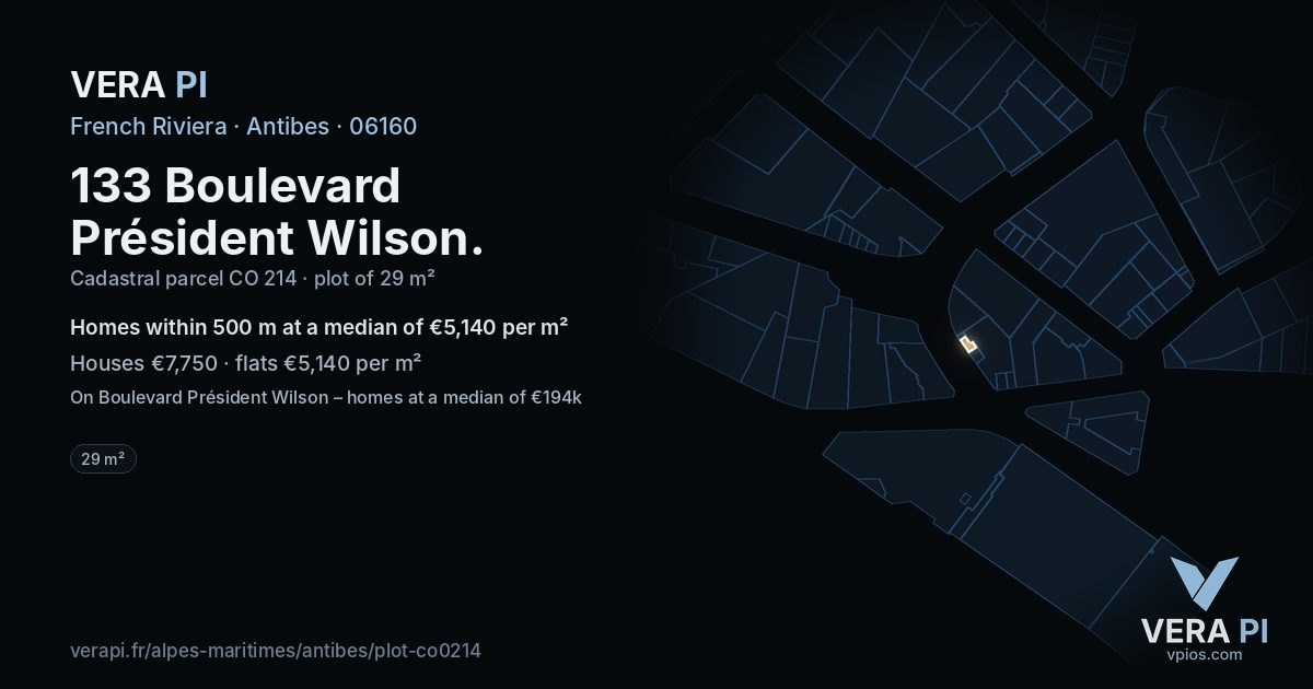 133 Boulevard Président Wilson, Antibes at night – the plot lit, the parcels around coloured by the prices near them