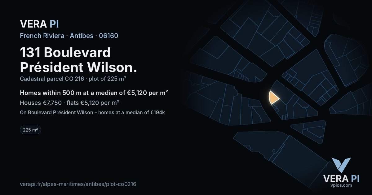 131 Boulevard Président Wilson, Antibes at night – the plot lit, the parcels around coloured by the prices near them