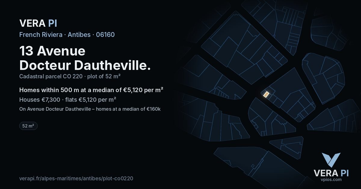 13 Avenue Docteur Dautheville, Antibes at night – the plot lit, the parcels around coloured by the prices near them