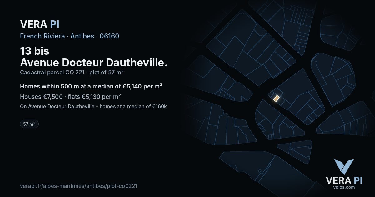 13 bis Avenue Docteur Dautheville, Antibes at night – the plot lit, the parcels around coloured by the prices near them