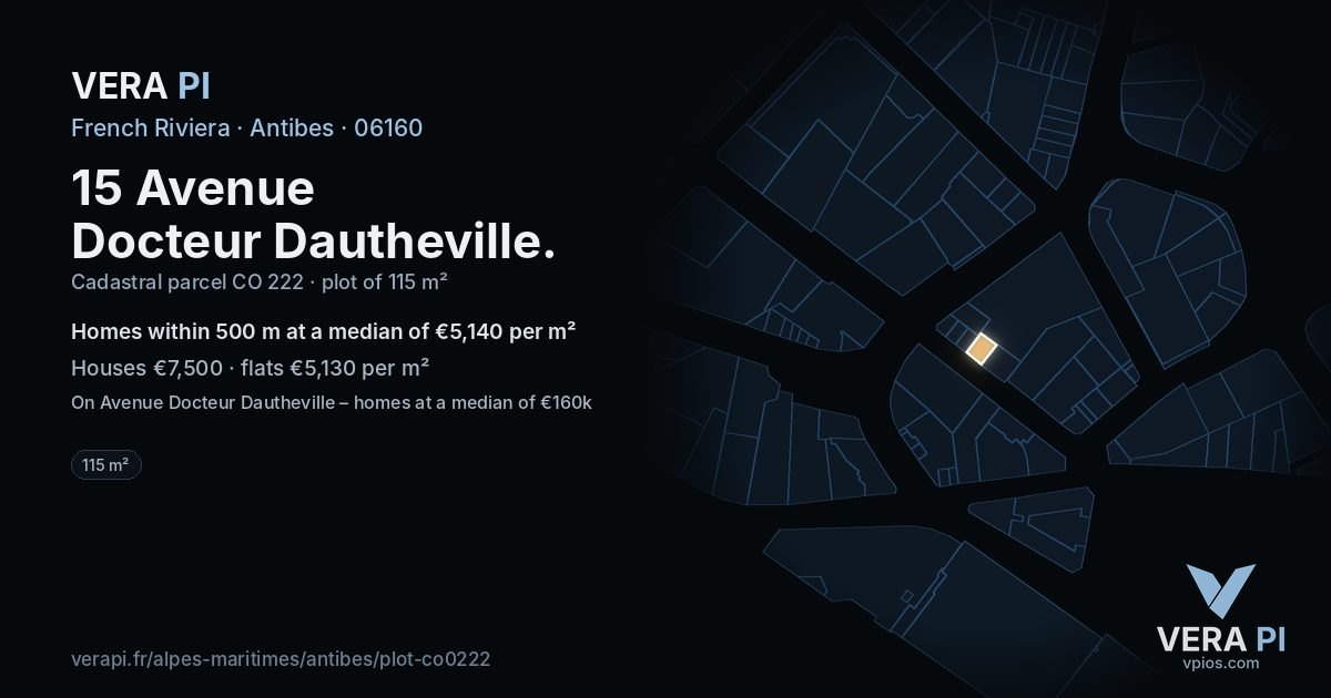 15 Avenue Docteur Dautheville, Antibes at night – the plot lit, the parcels around coloured by the prices near them