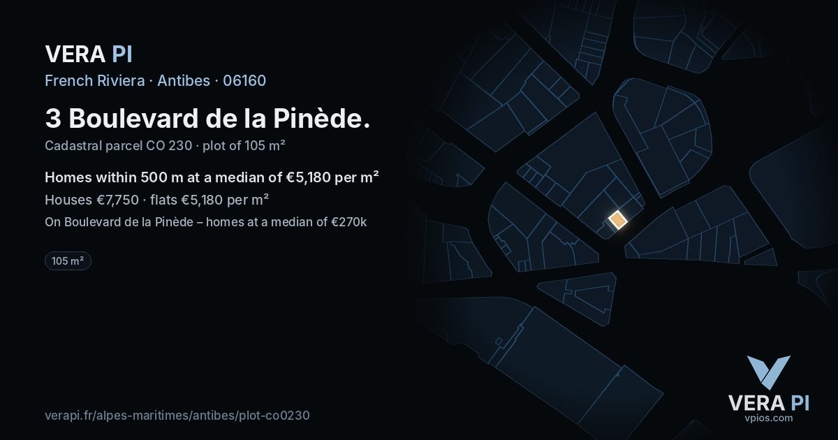 3 Boulevard de la Pinède, Antibes at night – the plot lit, the parcels around coloured by the prices near them