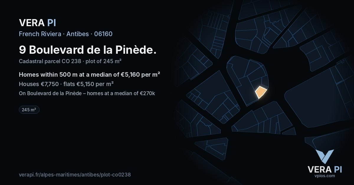 9 Boulevard de la Pinède, Antibes at night – the plot lit, the parcels around coloured by the prices near them