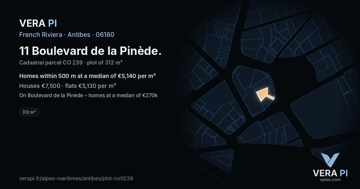 11 Boulevard de la Pinède, Antibes at night – the plot lit, the parcels around coloured by the prices near them