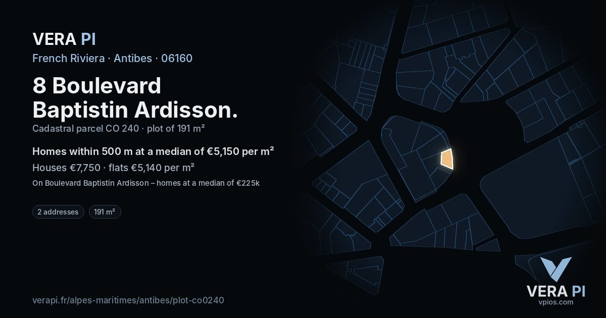 8 Boulevard Baptistin Ardisson, Antibes at night – the plot lit, the parcels around coloured by the prices near them
