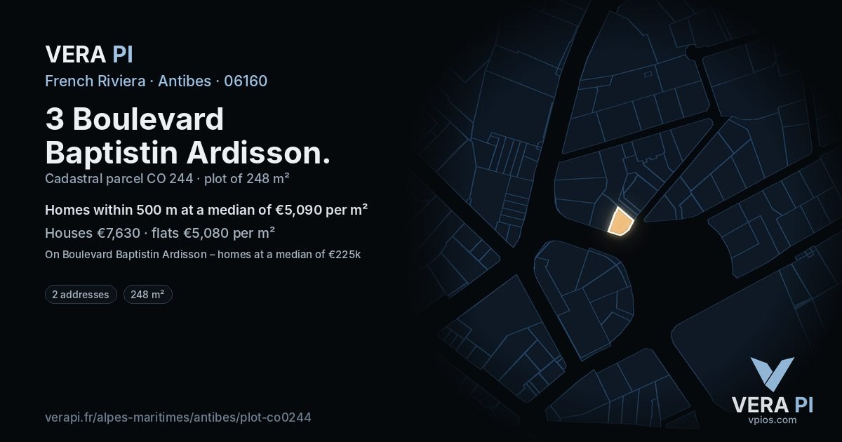 3 Boulevard Baptistin Ardisson, Antibes at night – the plot lit, the parcels around coloured by the prices near them