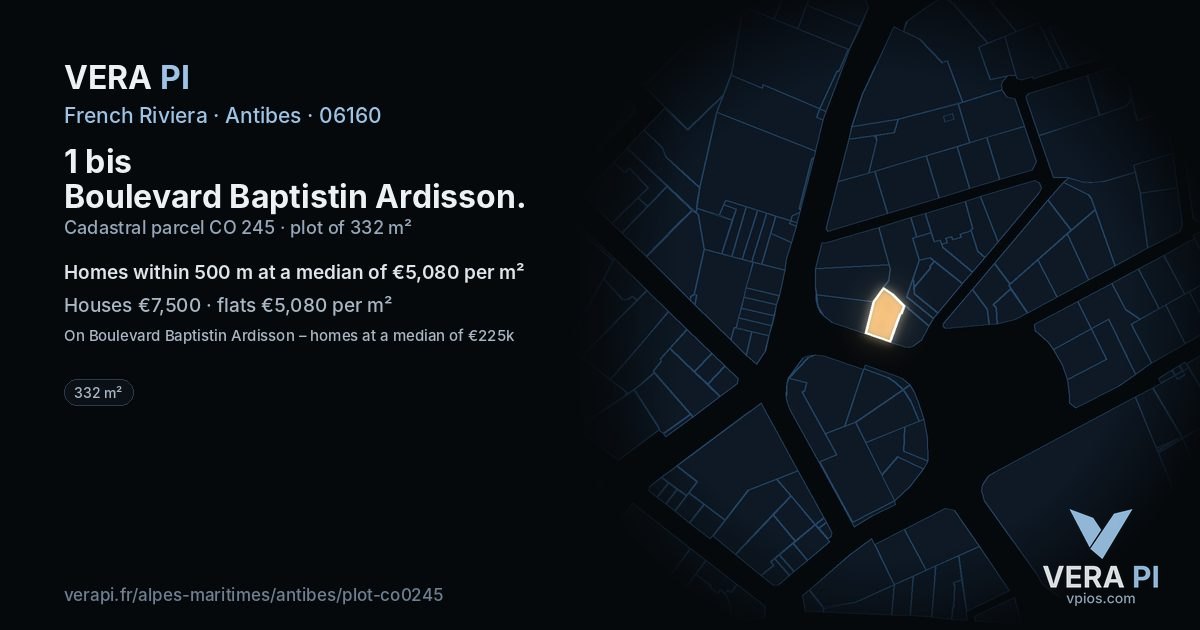 1 bis Boulevard Baptistin Ardisson, Antibes at night – the plot lit, the parcels around coloured by the prices near them