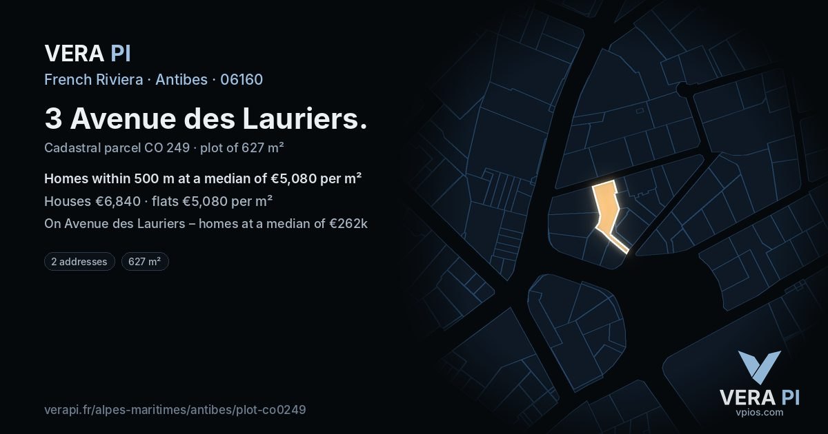 3 Avenue des Lauriers, Antibes at night – the plot lit, the parcels around coloured by the prices near them
