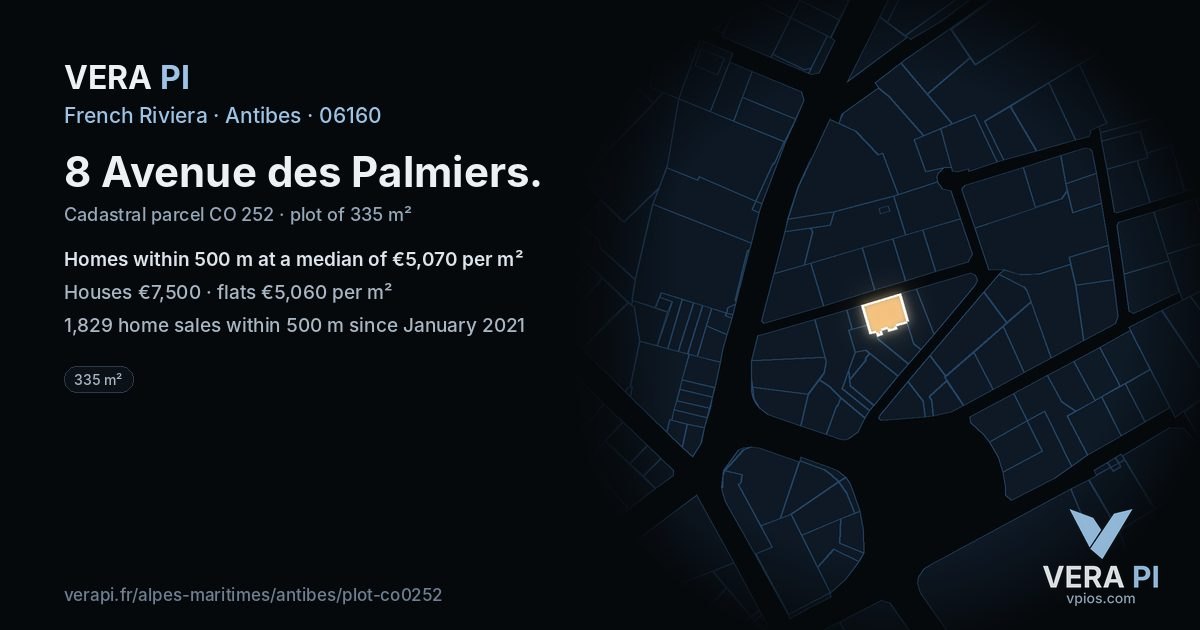 8 Avenue des Palmiers, Antibes at night – the plot lit, the parcels around coloured by the prices near them