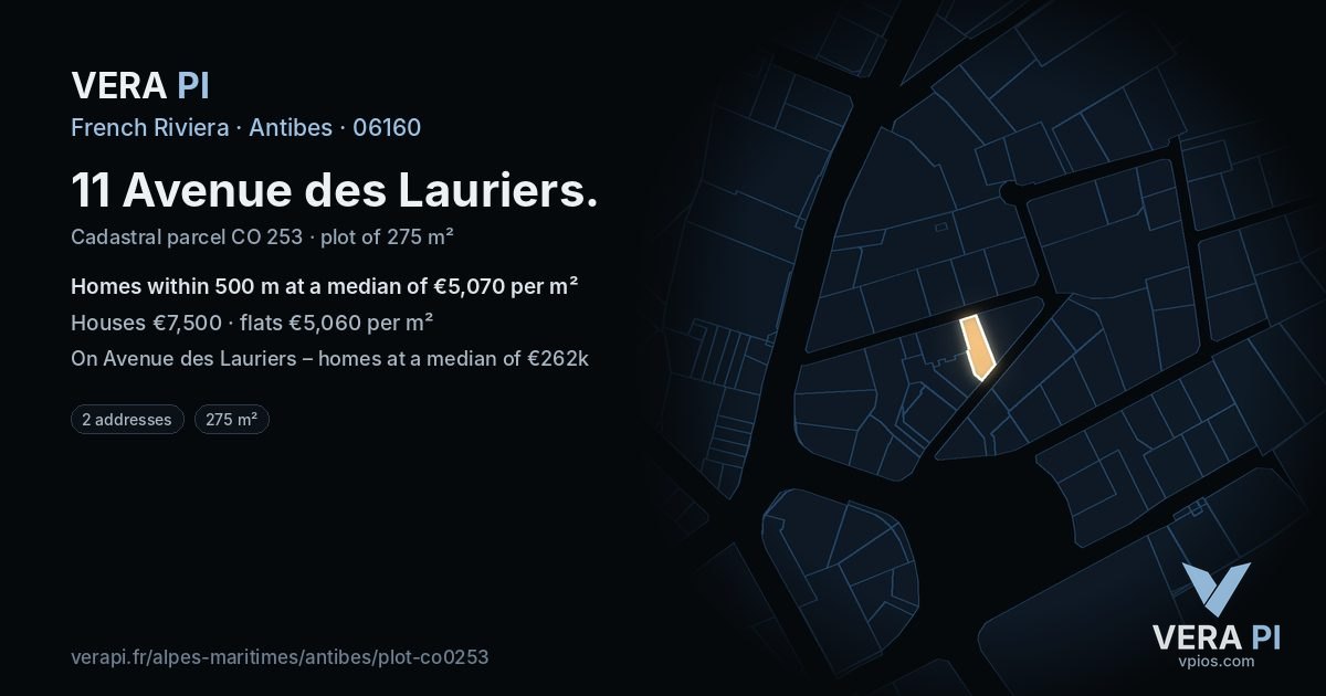 11 Avenue des Lauriers, Antibes at night – the plot lit, the parcels around coloured by the prices near them
