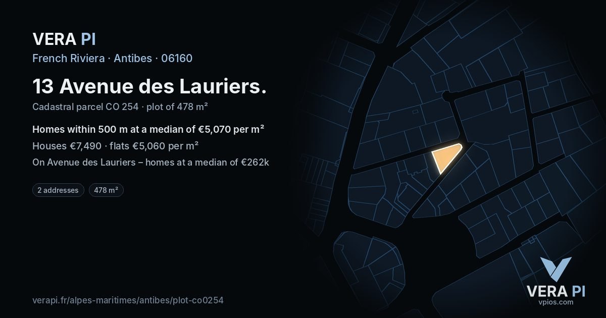 13 Avenue des Lauriers, Antibes at night – the plot lit, the parcels around coloured by the prices near them