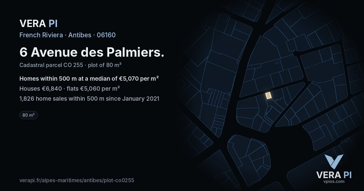 6 Avenue des Palmiers, Antibes at night – the plot lit, the parcels around coloured by the prices near them