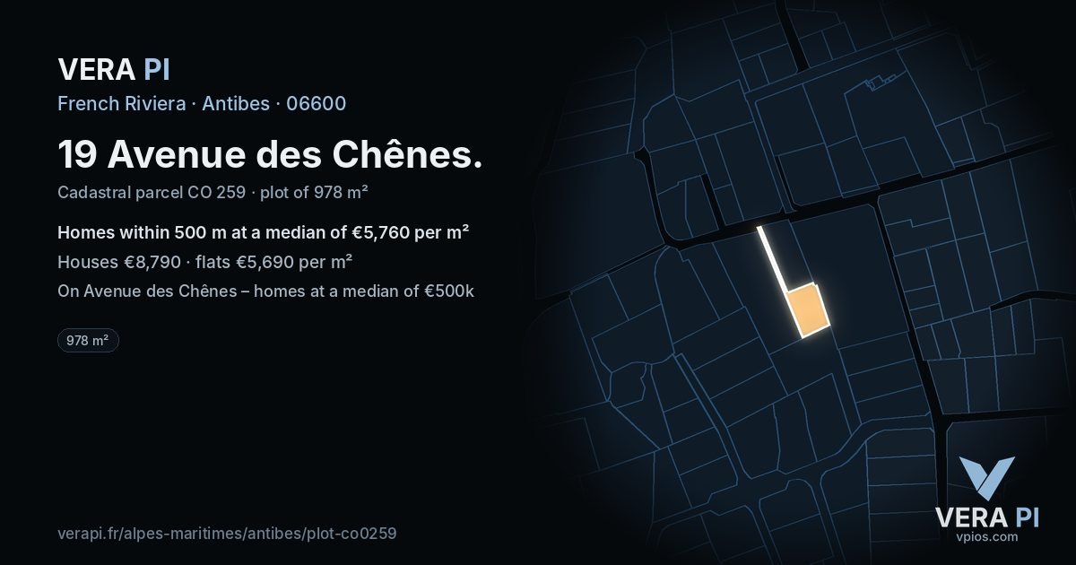19 Avenue des Chênes, Antibes at night – the plot lit, the parcels around coloured by the prices near them
