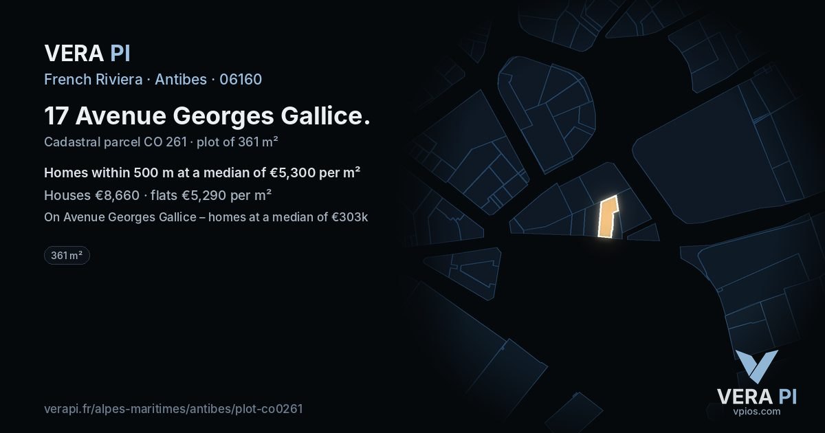 17 Avenue Georges Gallice, Antibes at night – the plot lit, the parcels around coloured by the prices near them
