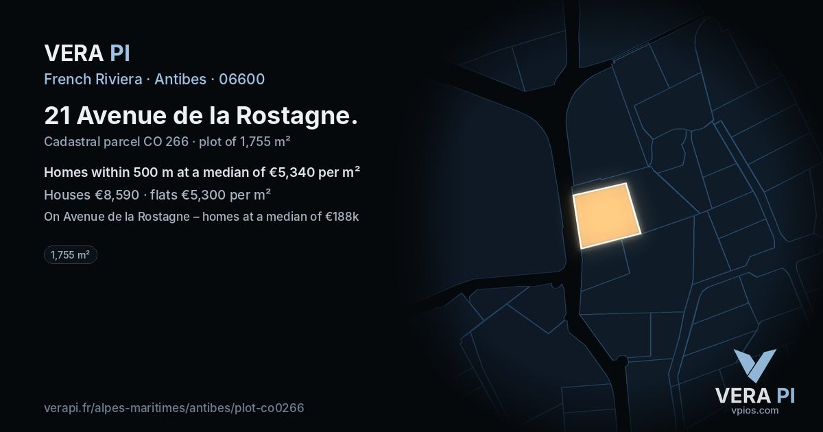 21 Avenue de la Rostagne, Antibes at night – the plot lit, the parcels around coloured by the prices near them