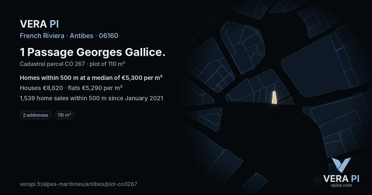 1 Passage Georges Gallice, Antibes at night – the plot lit, the parcels around coloured by the prices near them
