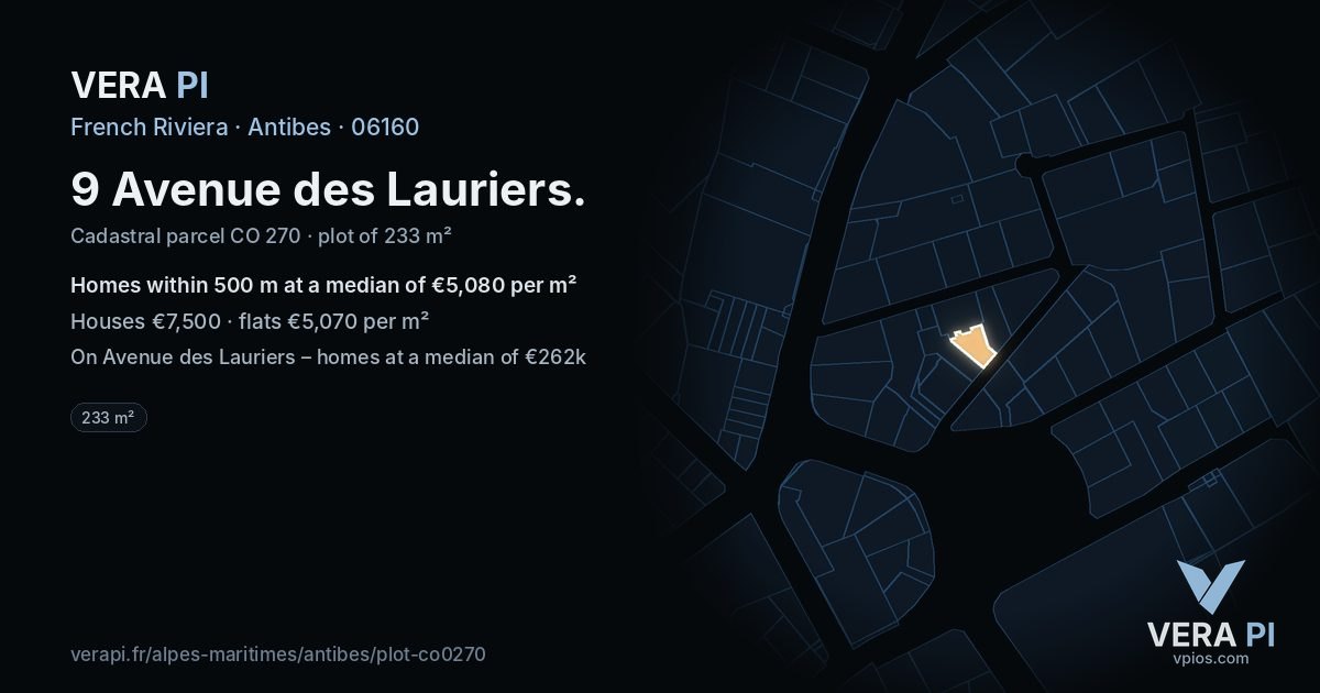 9 Avenue des Lauriers, Antibes at night – the plot lit, the parcels around coloured by the prices near them