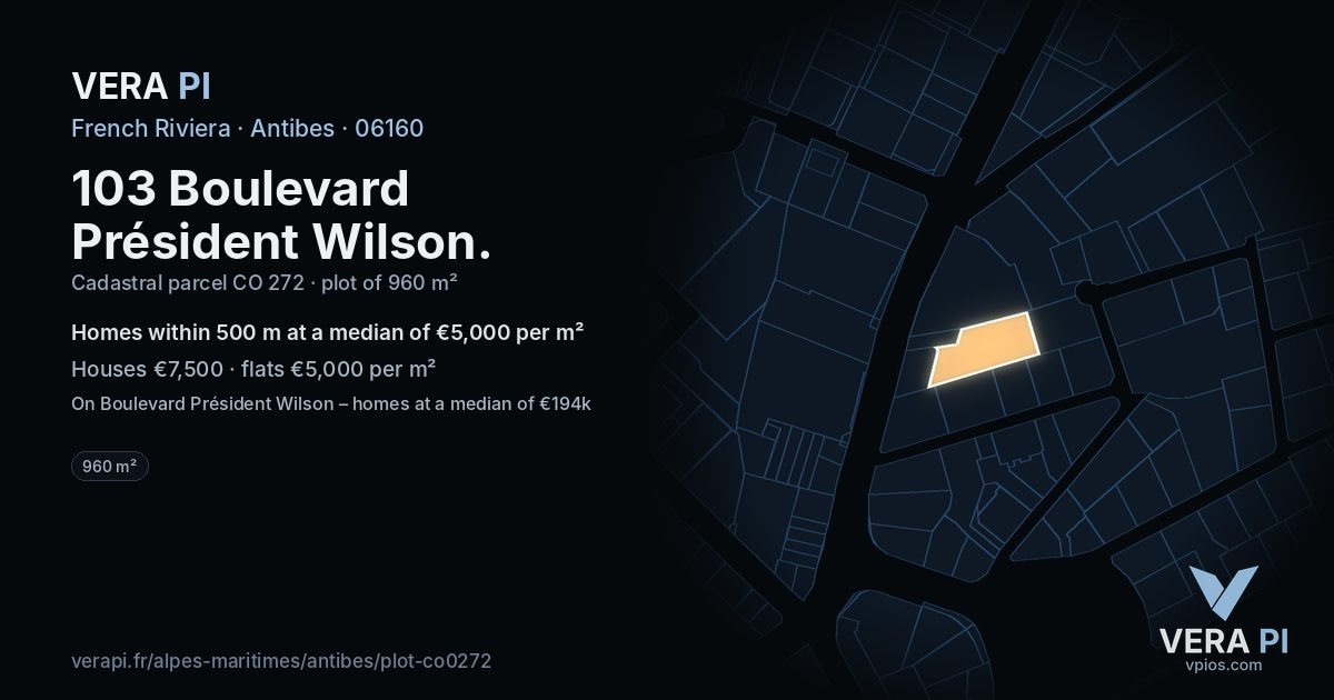 103 Boulevard Président Wilson, Antibes at night – the plot lit, the parcels around coloured by the prices near them