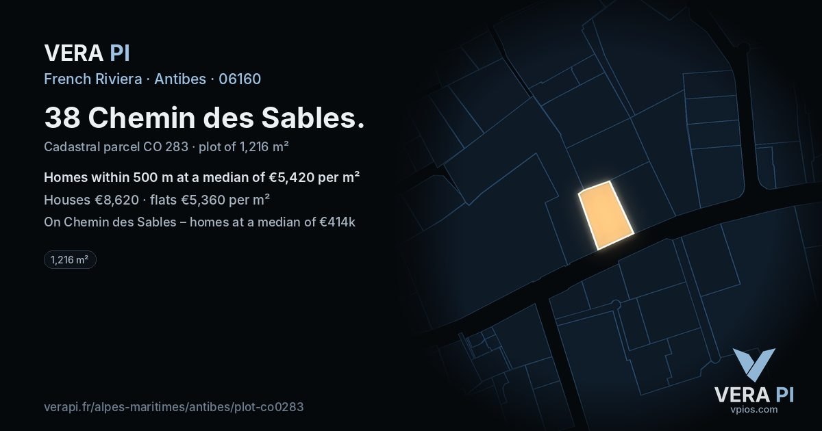 38 Chemin des Sables, Antibes at night – the plot lit, the parcels around coloured by the prices near them