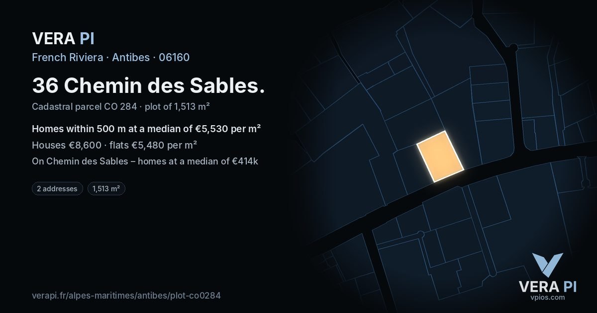 36 Chemin des Sables, Antibes at night – the plot lit, the parcels around coloured by the prices near them