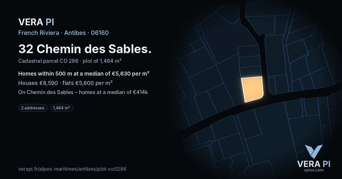 32 Chemin des Sables, Antibes at night – the plot lit, the parcels around coloured by the prices near them