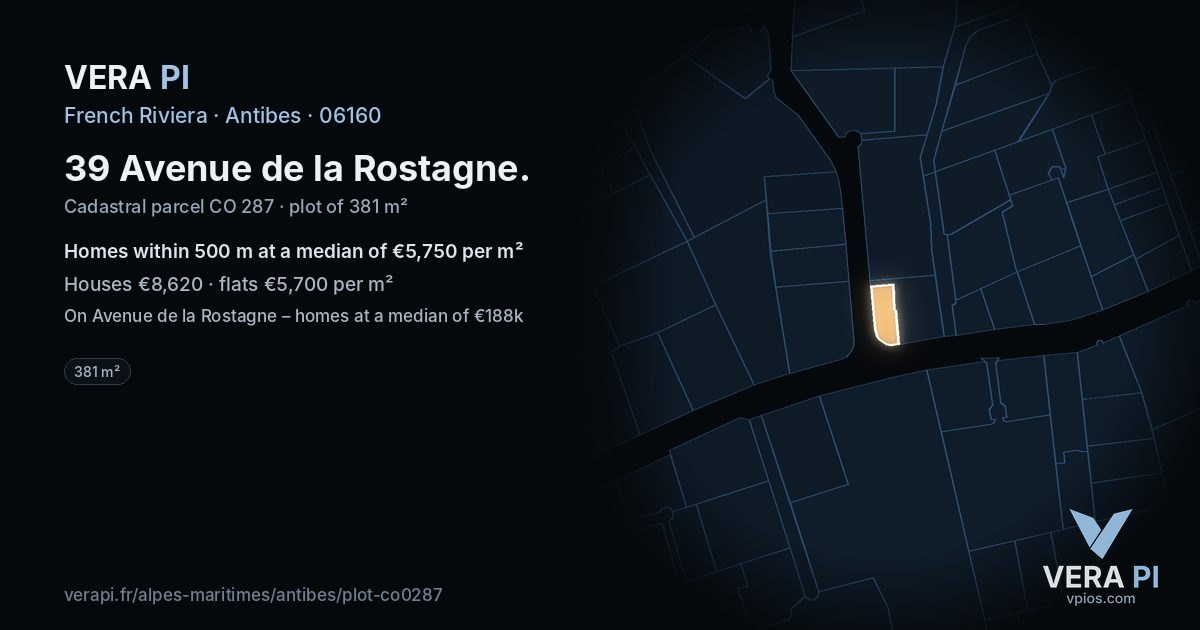 39 Avenue de la Rostagne, Antibes at night – the plot lit, the parcels around coloured by the prices near them