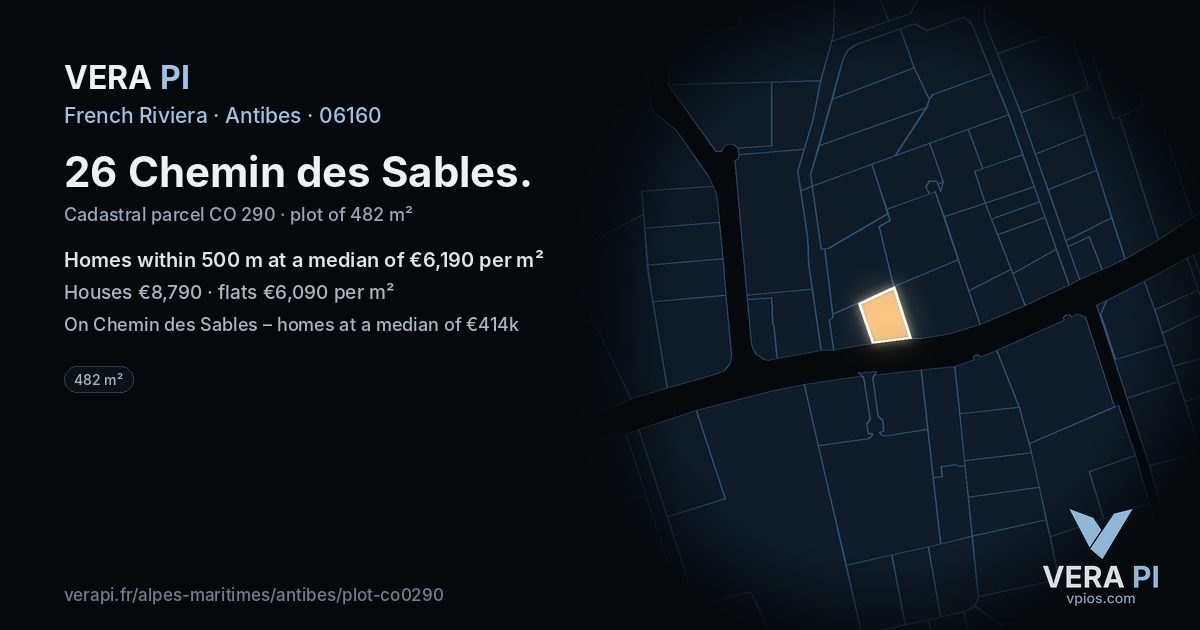 26 Chemin des Sables, Antibes at night – the plot lit, the parcels around coloured by the prices near them