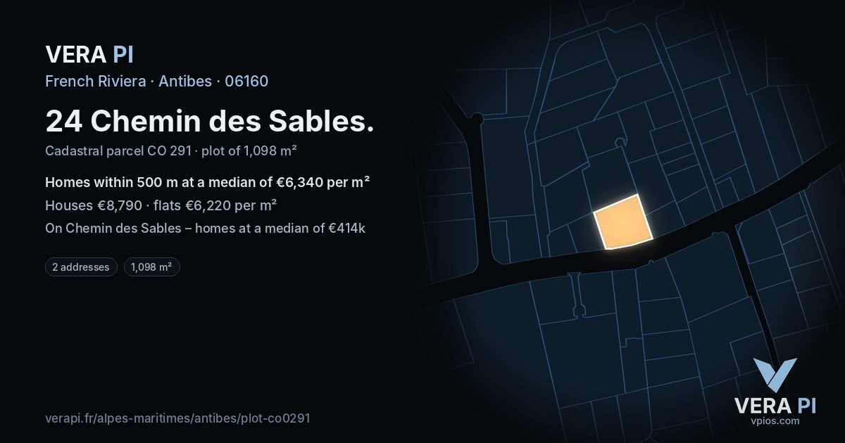 24 Chemin des Sables, Antibes at night – the plot lit, the parcels around coloured by the prices near them