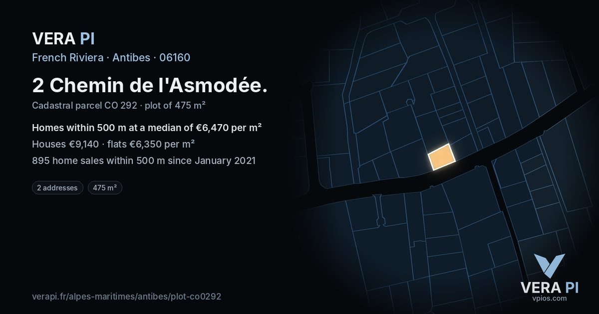 2 Chemin de l'Asmodée, Antibes at night – the plot lit, the parcels around coloured by the prices near them