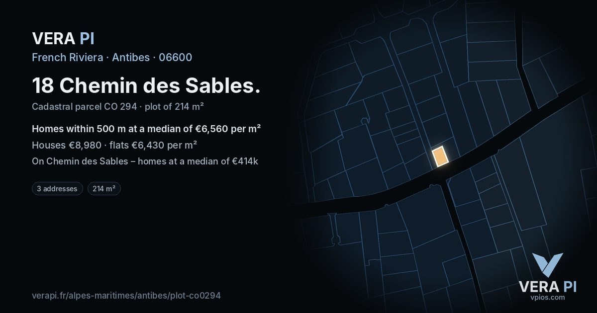 18 Chemin des Sables, Antibes at night – the plot lit, the parcels around coloured by the prices near them