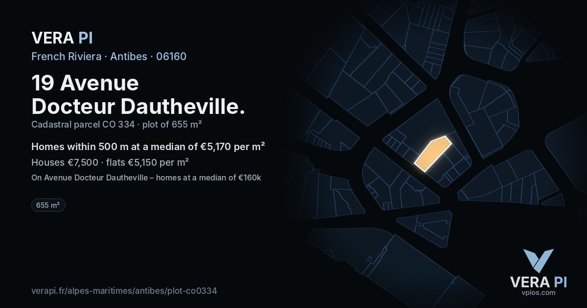 19 Avenue Docteur Dautheville, Antibes at night – the plot lit, the parcels around coloured by the prices near them