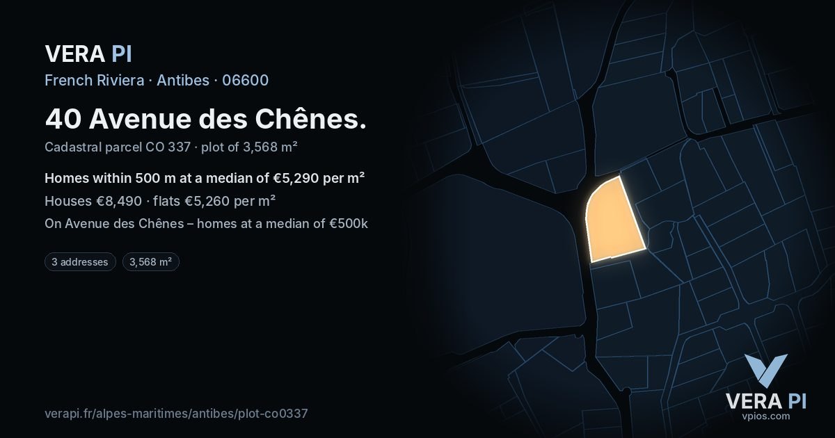 40 Avenue des Chênes, Antibes at night – the plot lit, the parcels around coloured by the prices near them