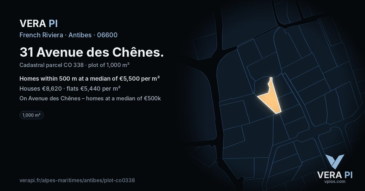 31 Avenue des Chênes, Antibes at night – the plot lit, the parcels around coloured by the prices near them