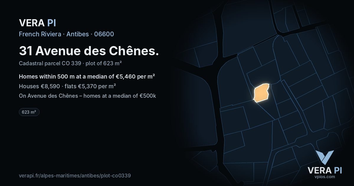 31 Avenue des Chênes, Antibes at night – the plot lit, the parcels around coloured by the prices near them