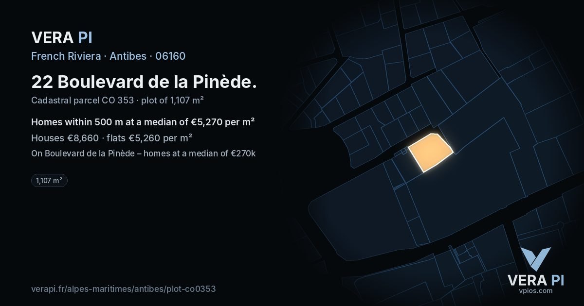 22 Boulevard de la Pinède, Antibes at night – the plot lit, the parcels around coloured by the prices near them