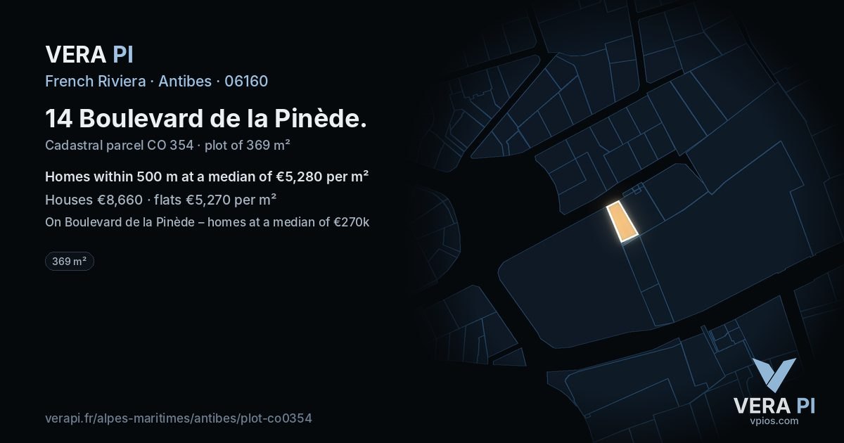 14 Boulevard de la Pinède, Antibes at night – the plot lit, the parcels around coloured by the prices near them