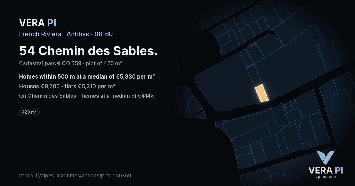 54 Chemin des Sables, Antibes at night – the plot lit, the parcels around coloured by the prices near them