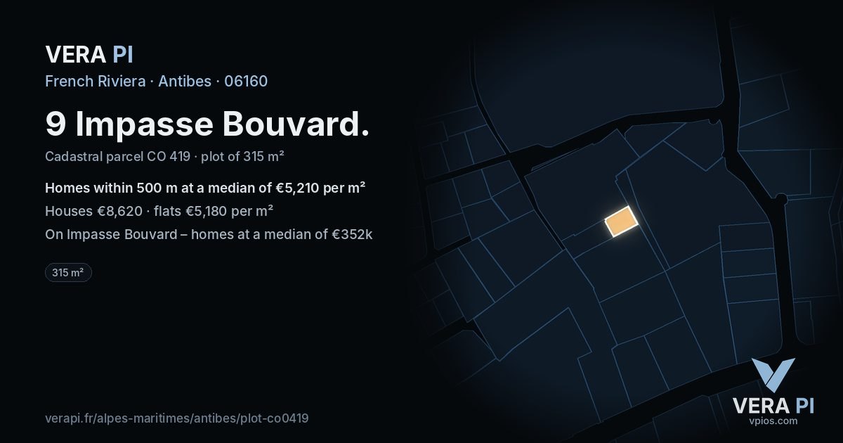 9 Impasse Bouvard, Antibes at night – the plot lit, the parcels around coloured by the prices near them