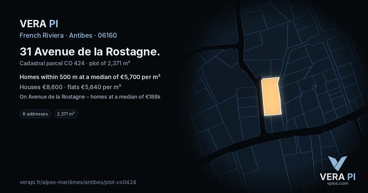 31 Avenue de la Rostagne, Antibes at night – the plot lit, the parcels around coloured by the prices near them