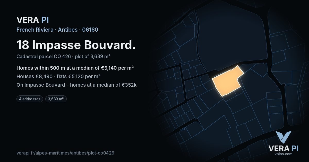 18 Impasse Bouvard, Antibes at night – the plot lit, the parcels around coloured by the prices near them