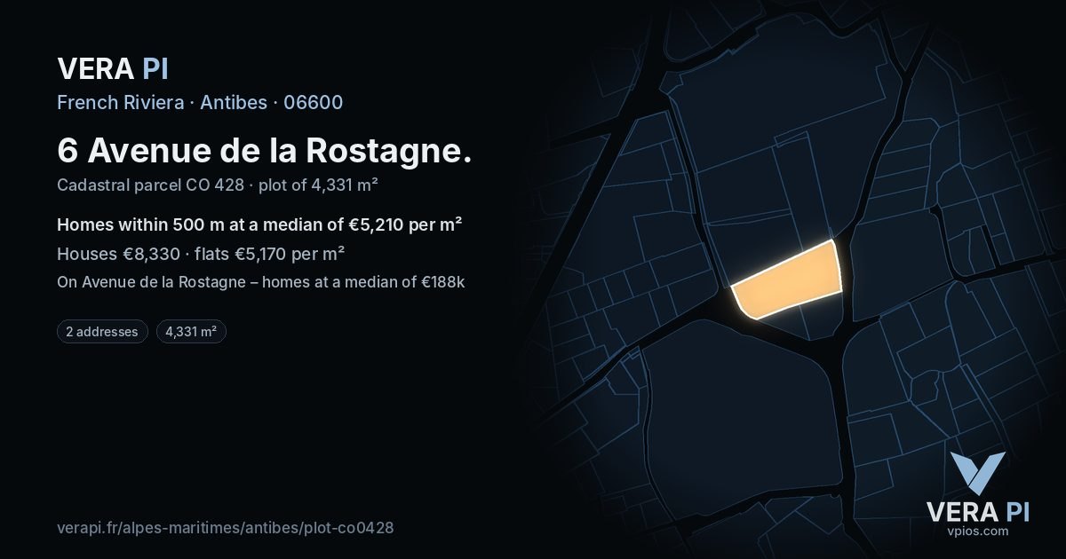 6 Avenue de la Rostagne, Antibes at night – the plot lit, the parcels around coloured by the prices near them