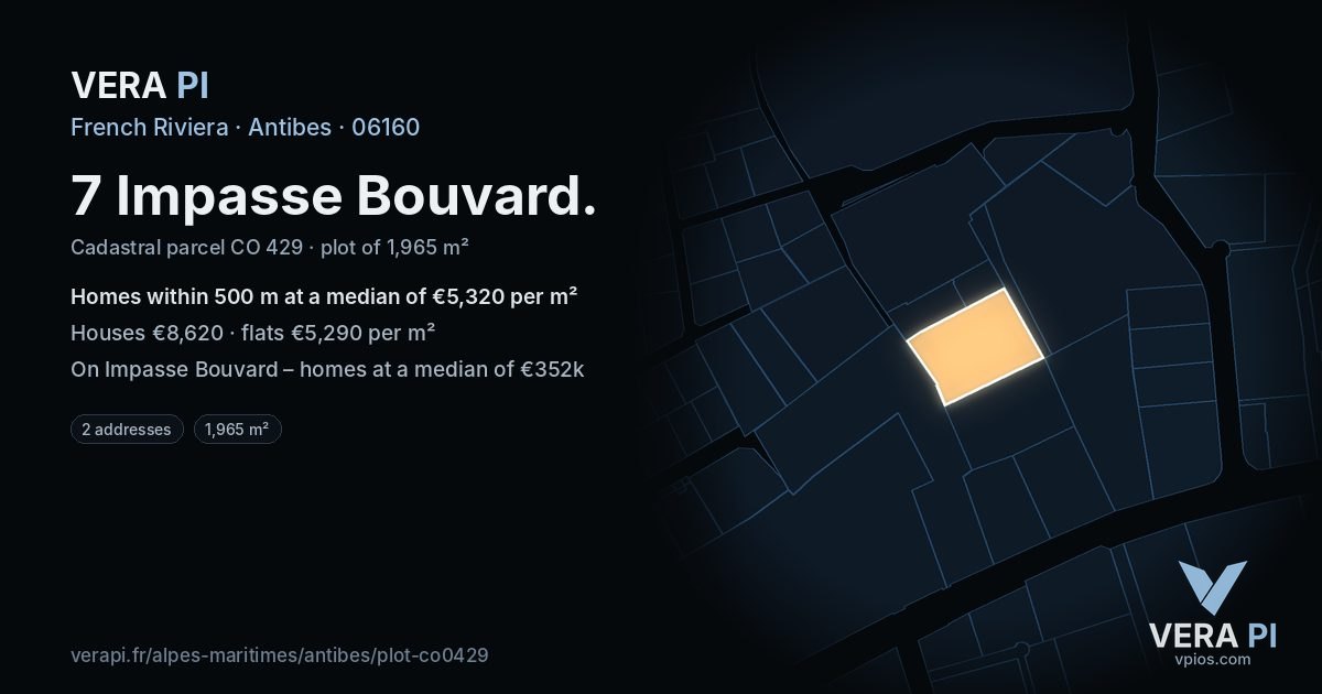 7 Impasse Bouvard, Antibes at night – the plot lit, the parcels around coloured by the prices near them