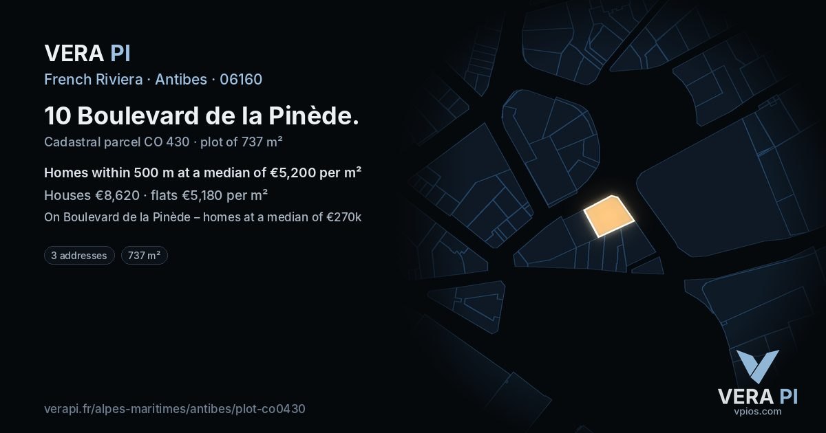 10 Boulevard de la Pinède, Antibes at night – the plot lit, the parcels around coloured by the prices near them