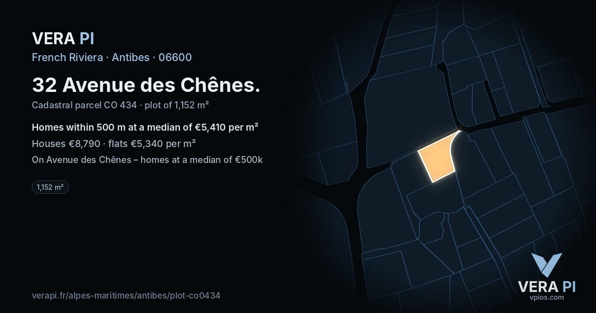 32 Avenue des Chênes, Antibes at night – the plot lit, the parcels around coloured by the prices near them
