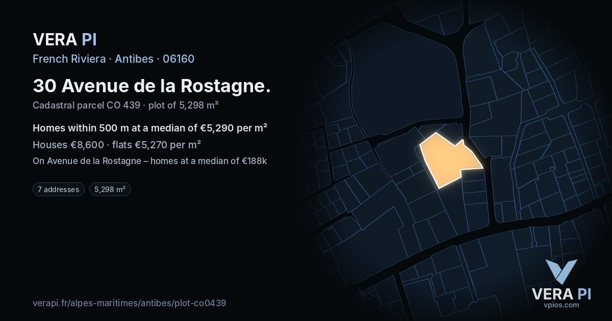30 Avenue de la Rostagne, Antibes at night – the plot lit, the parcels around coloured by the prices near them