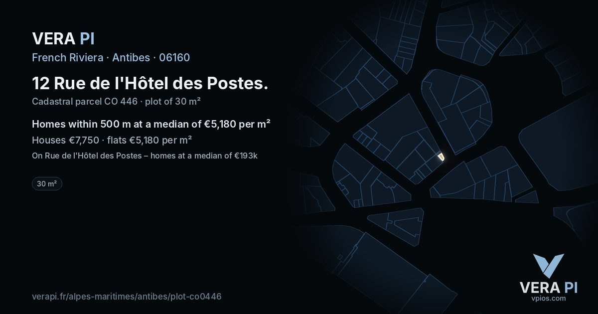 12 Rue de l'Hôtel des Postes, Antibes at night – the plot lit, the parcels around coloured by the prices near them