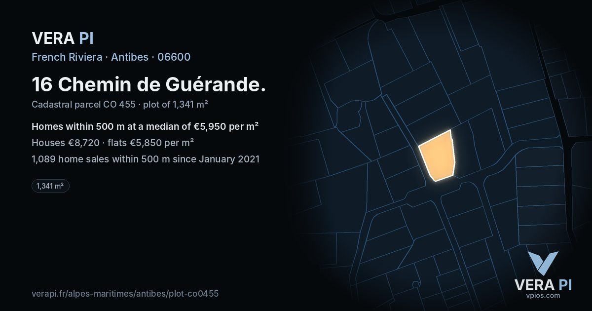 16 Chemin de Guérande, Antibes at night – the plot lit, the parcels around coloured by the prices near them