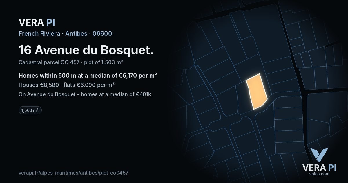 16 Avenue du Bosquet, Antibes at night – the plot lit, the parcels around coloured by the prices near them