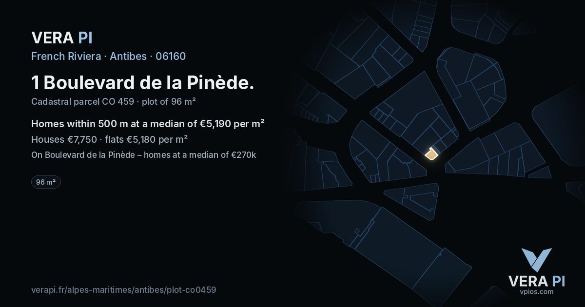 1 Boulevard de la Pinède, Antibes at night – the plot lit, the parcels around coloured by the prices near them