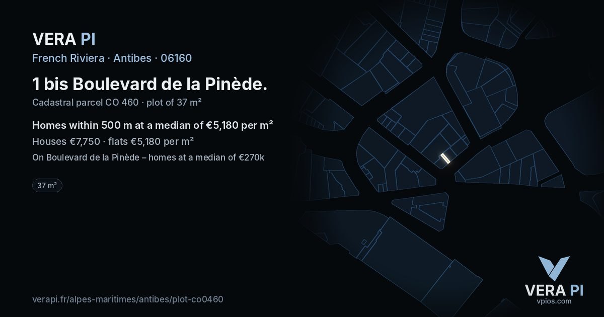 1 bis Boulevard de la Pinède, Antibes at night – the plot lit, the parcels around coloured by the prices near them